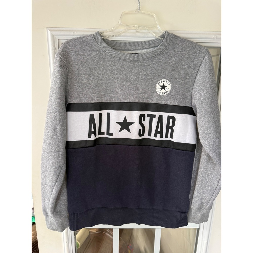 Converse All Star Gray White/Blue Pullover Sweatshirt Youth Boy lg classic logo
